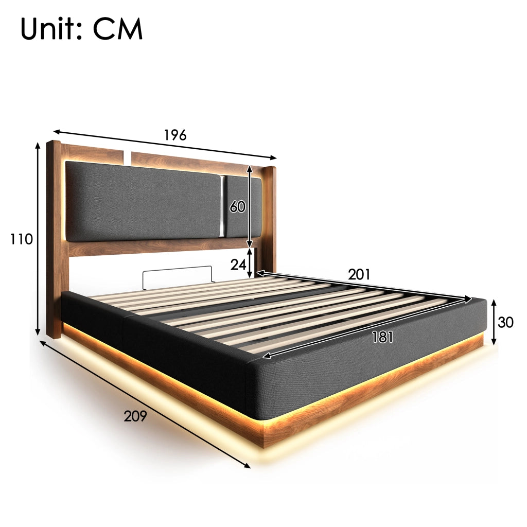 LETTO Matrimoniale 180x200 cm con LED, idraulico, Lino Grigio e Noce