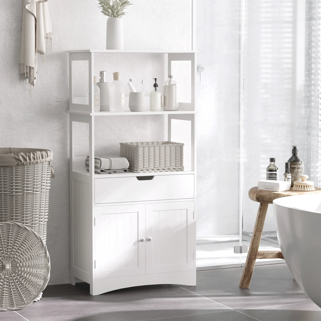 EasyComfort Mobile Bagno con Mensole, Armadietto e Cassetto, Mobiletto da Bagno Multiuso in Legno, Bianco, 60x33x122.5cm
