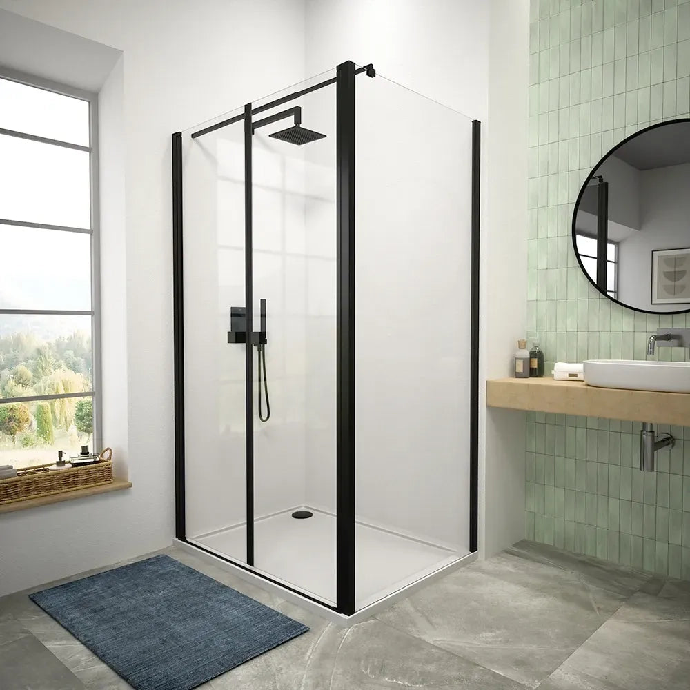 Box doccia 110x80 cm porta saloon e parete fissa profili nero opaco e vetro da 8mm trasparente h195 | Fiji