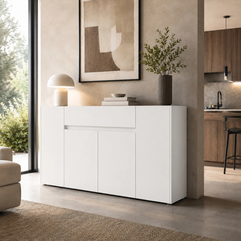 Madia Moderna In Melaminico Con 4 Ante E 1 Cassetto Mobile Contenitore Design Senza Maniglie Per Soggiorno E Sala Da Pranzo 170 X 85 X 40 Cm Bianco
