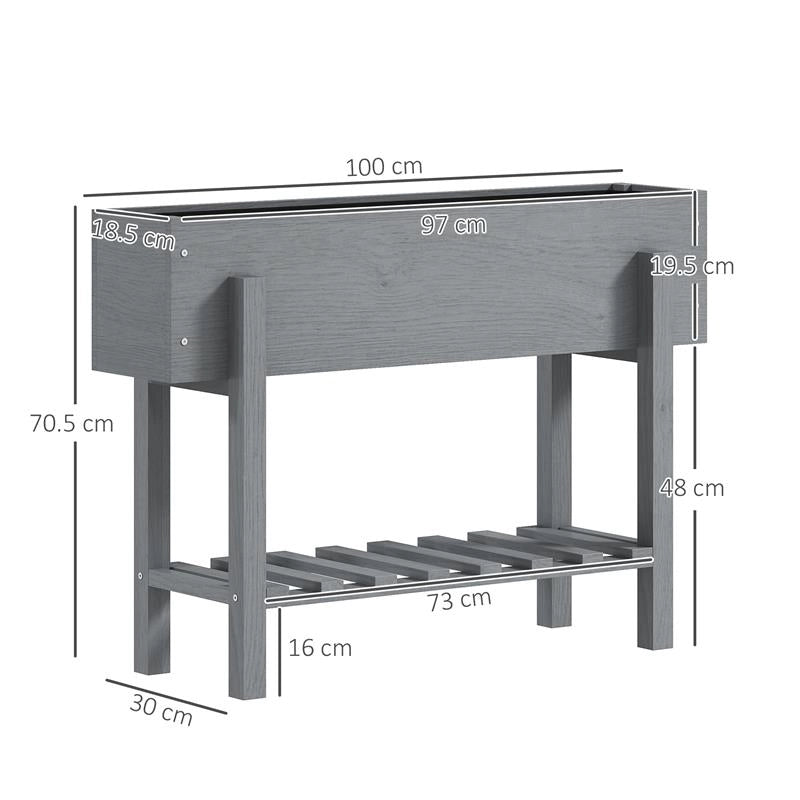 FIORIERA RIALZATA CON RIPIANO INFERIORE E 2 FORI DI DRENAGGIO IN LEGNO DI ABETE 100X30X70.5 CM GRIGIO