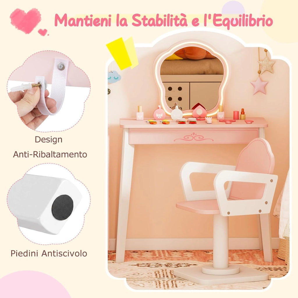 Set Toeletta per Bambini con Specchio Illuminato a LED | Tavolo per Manicure con Poltrona Girevole e Carrello con Ruote, Postazione Trucco con Asciugacapelli e Pettine per Bambini 3+