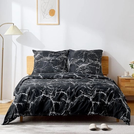 Set di lenzuola in cotone 155 x 220 cm, 2 pezzi di set di lenzuola reversibili con marmo nero, set di coperte morbide con cerniera a zip e 1 coperta per cuscino 80 x 80 cm