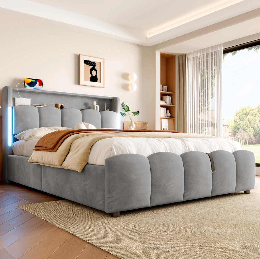 Letto imbottito 140x200 cm in velluto grigio con LED e USB