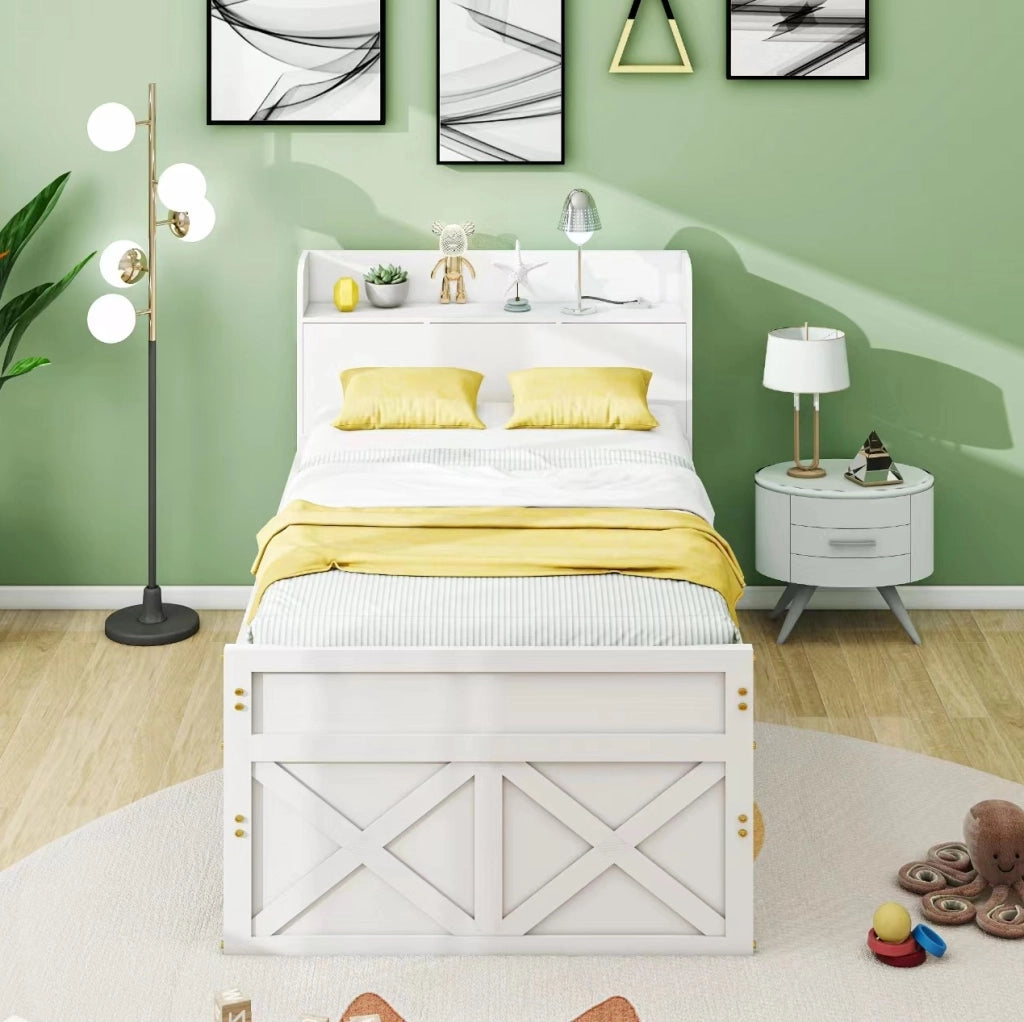 Letto in legno 90x190 cm con letto estraibile; 2 cassetti; USB e vano contenitore
