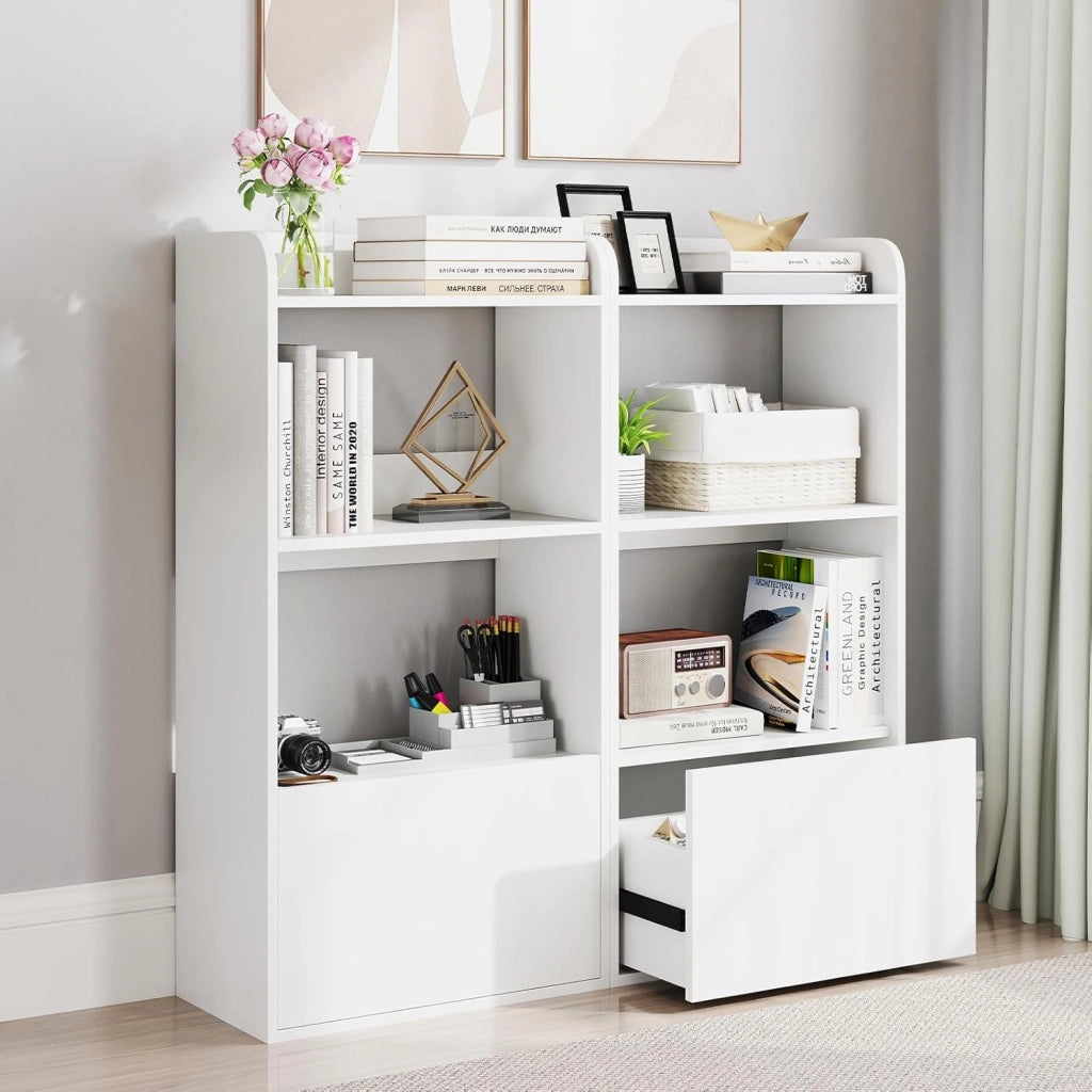 Libreria a 3 ripiani aperti e 1 cassetto, libreria in legno con kit antiribaltamento, 55 x 29 x 105 cm, scaffale per soggiorno, ufficio, camera da letto (bianco)