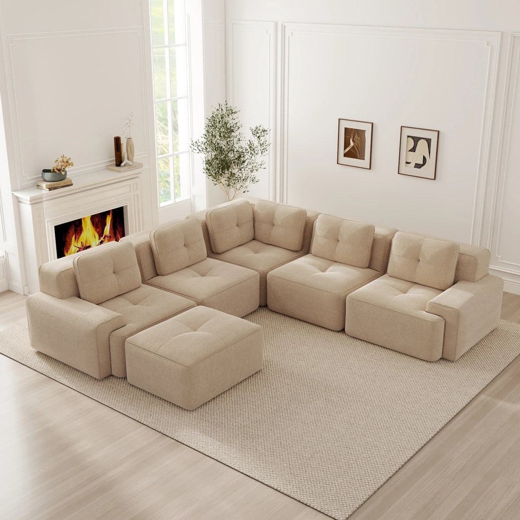 Divano angolare modulare senza telaio con seduta profonda e base antiscivolo in velluto a coste beige 295 × 295 × 69 cm