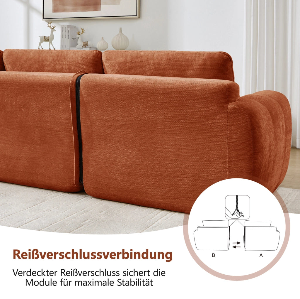 Divano modulare a U 3 posti con 2 pouf 264x160x68 cm in chenille arancione