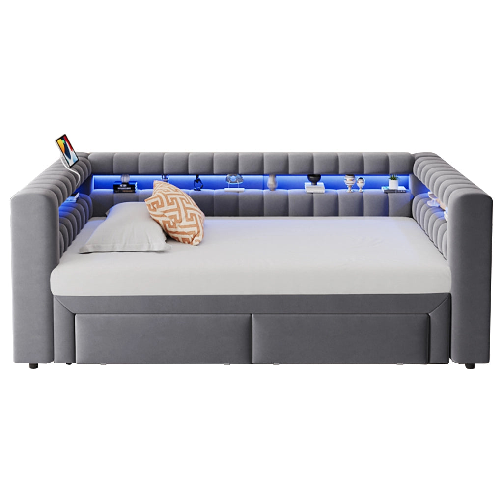 Letto estraibile 90 × 190 cm con 2 cassetti, vani contenitore, LED, USB e Type-C, senza materasso, in velluto, grigio scuro