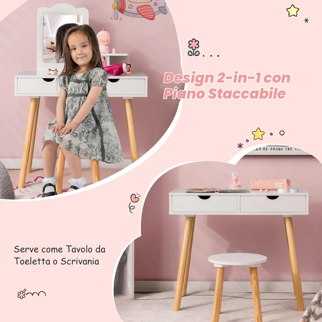 2 in 1 Set Toeletta per Bambini, Postazione Trucco in Legno con Sgabello, Specchio Rettangolare Staccabile e 2 Cassetti Capienti, Ideale per Bambini dai 3 ai 7 Anni, 70 x 37 x 100 cm