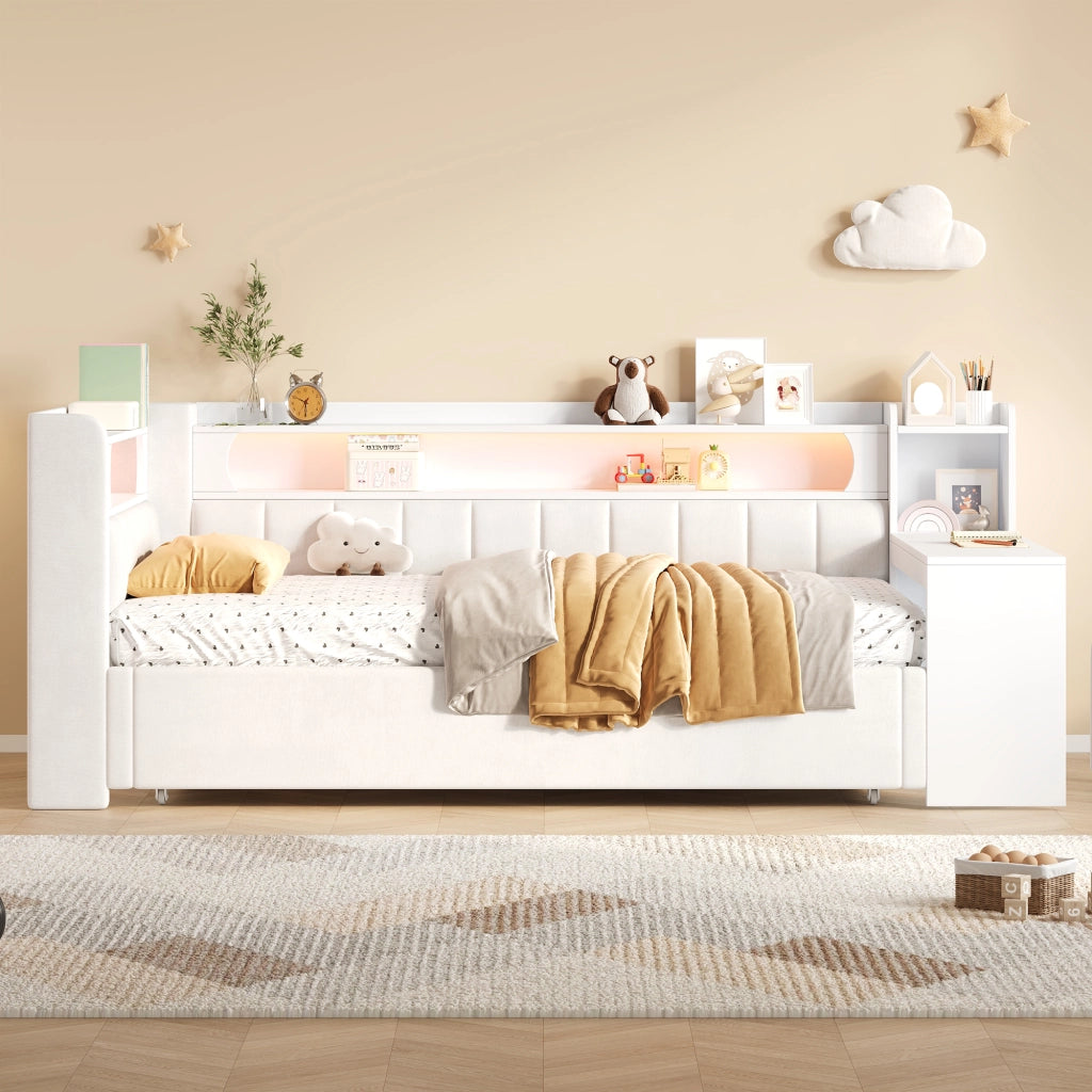Letto estraibile da 90x200 a 180x200 cm; imbottito bianco con scrivania integrata; USB e LED