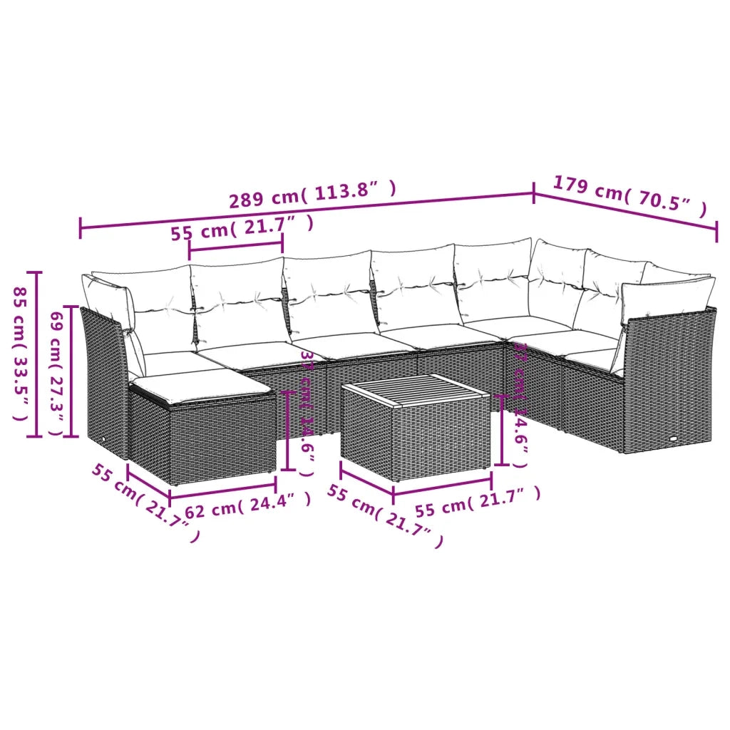 Set Divano da Giardino 9 pz con Cuscini Beige in Polyrattan 3223783