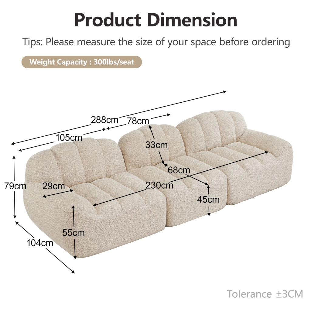 Divano modulare senza struttura con schiuma 32D e pouf in pile granulato beige bianco 288 × 104 × 79 cm