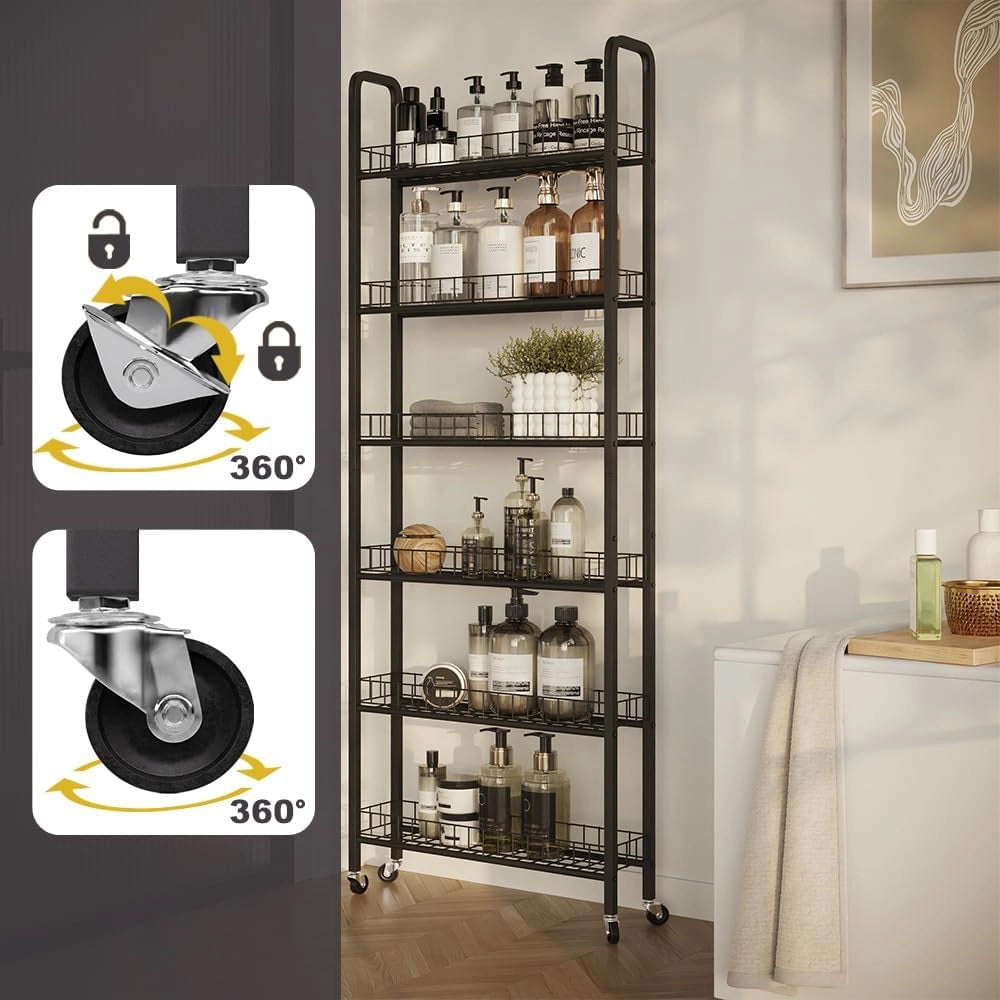 Piedistallo mobile Rolivo, Nero, 58 x 15 cm con 6 scomparti, posizionabile in modo flessibile su ruote per spazi stretti