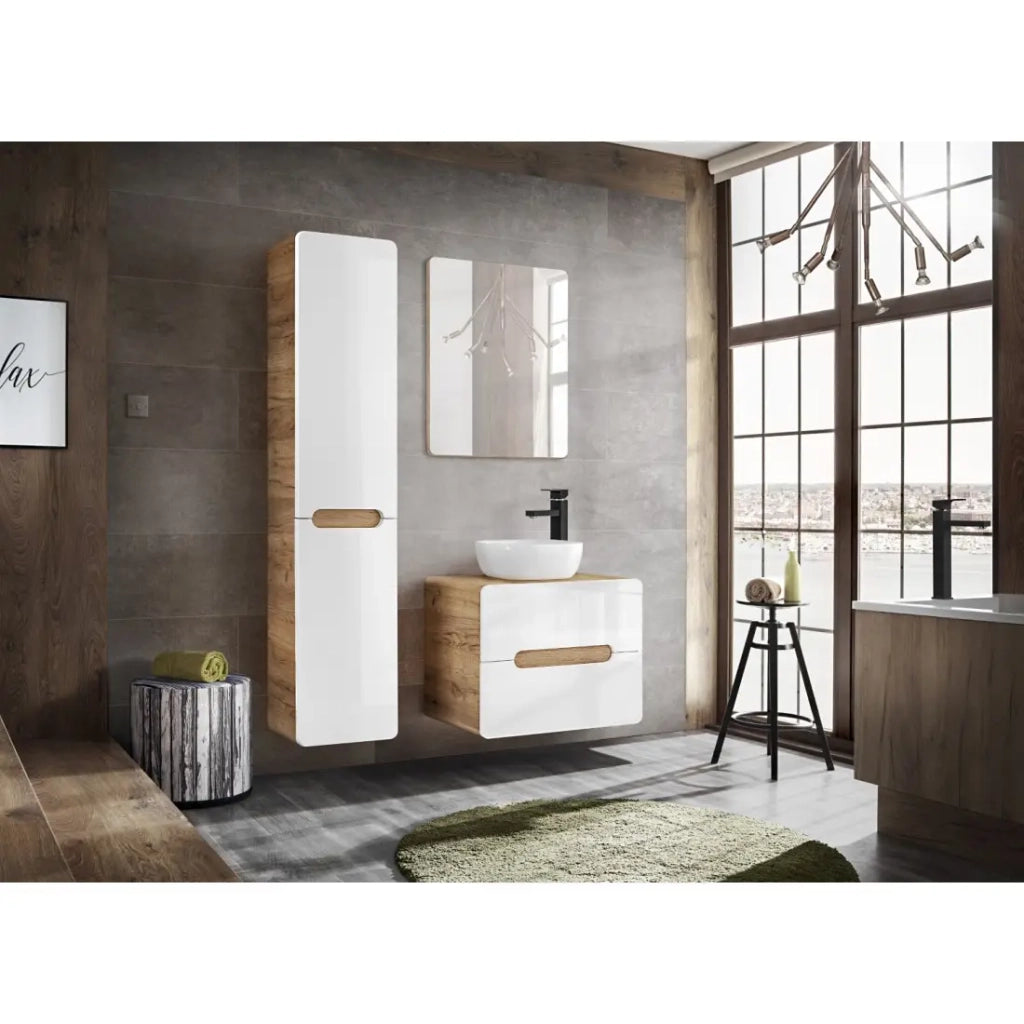 Colonna bagno ERBANO – Rovere chiaro e bianco lucido – 35x68 cm – 2 porte – Da appendere