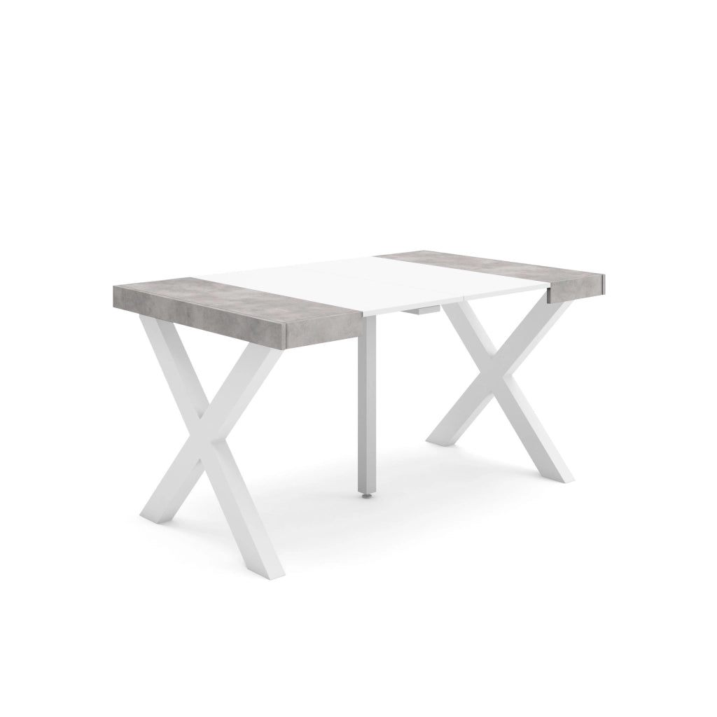 Consolle allungabile, 58 fino 140x90x73cm, Per 6 persone, Gambe in legno, Bianco e grigio cemento RF2722
