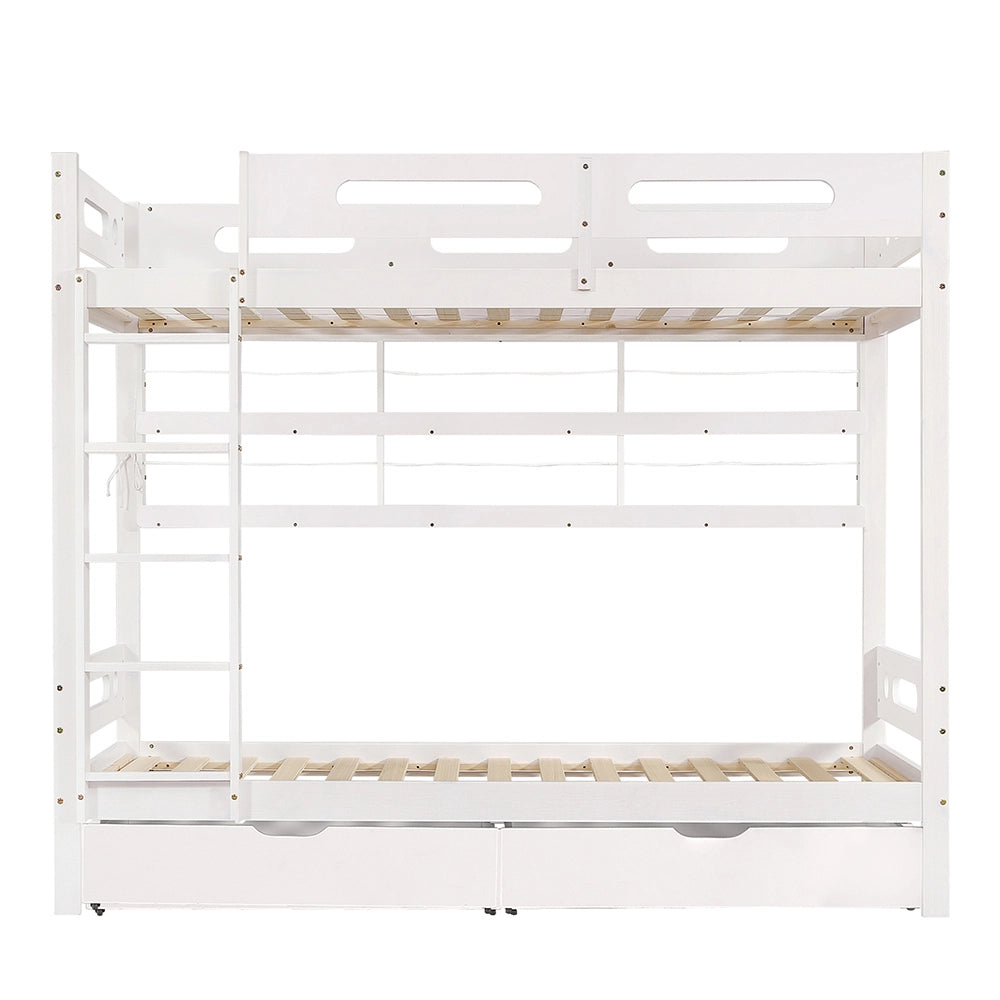 Letto a castello bambino 90x200cm - Xylo - bianco, 5 ripiani, 2 cassetti, sicuro