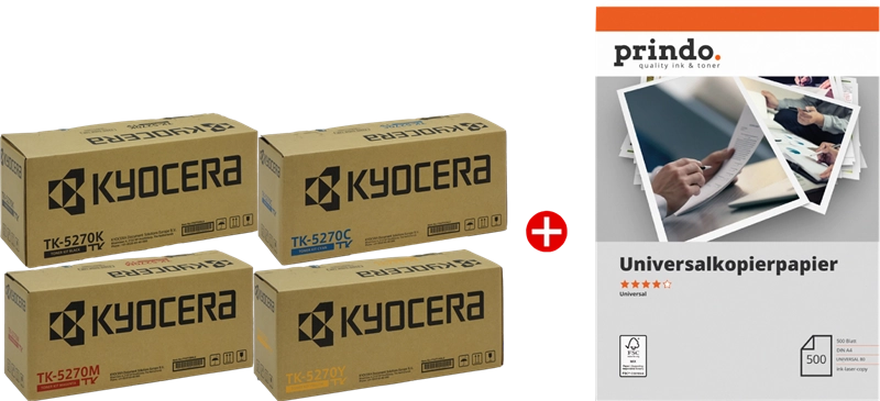 ORIGINAL Kyocera Value Pack nero / ciano / magenta / giallo TK-5270 MCVP 01 + Prindo Universal Papier 500 Blatt ~26000 Seiten