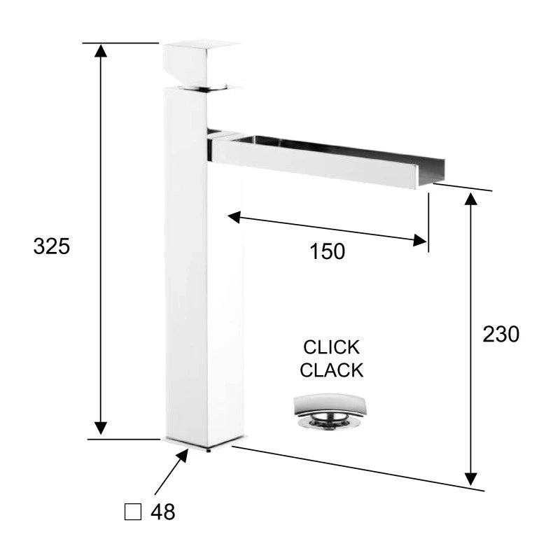 Miscelatore cube waterfall lavabo alto ideale per lavabo da appoggio con bocca a cascata e scarico click clack