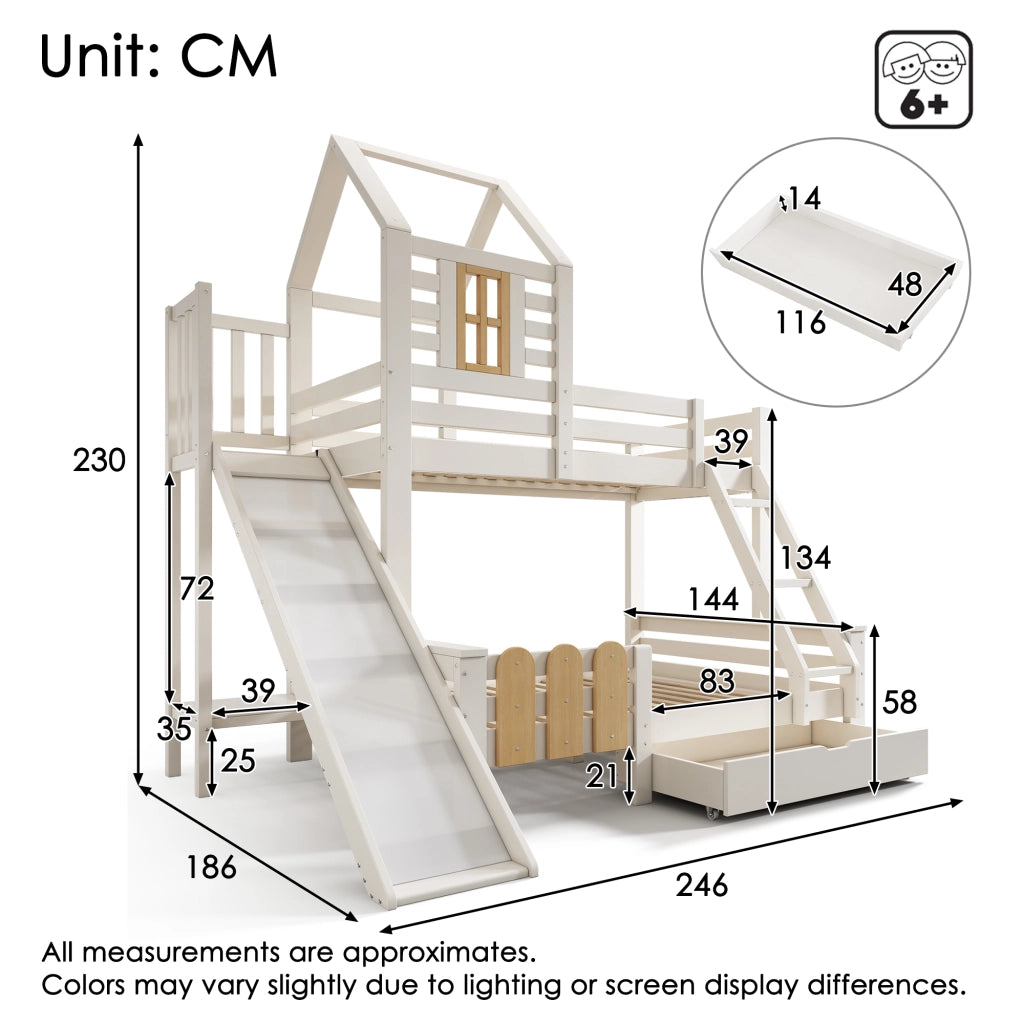 LETTO A CASTELLO 90x200/140x200 cm con scivolo cassetto e scala Bianco Legno