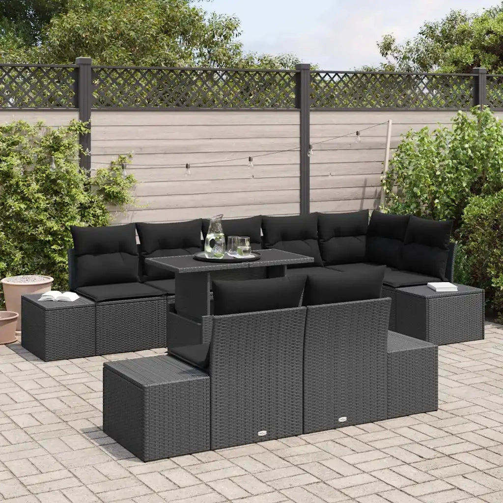Set Divano da Giardino con cuscino 9 pcs Nero polyrattan