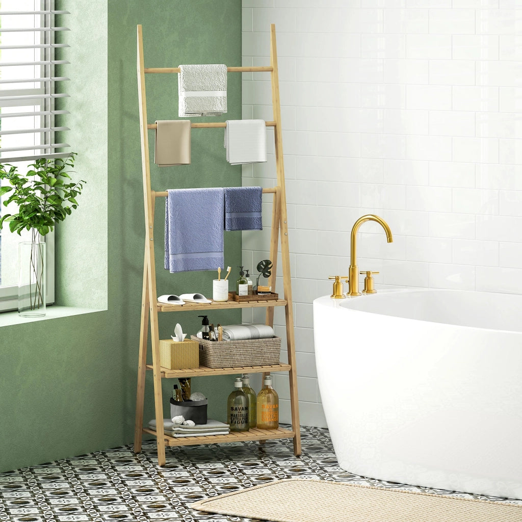 Scaffale Bagno 3 Ripiani Autoportante e Pieghevole con Porta Asciugamani 53,5x30x153 cm in Legno di Bambù