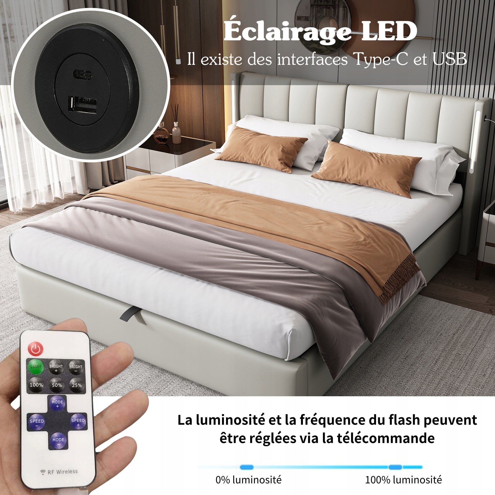 Letto imbottito con LED - Xylo - 140x190 - Grigio - Sistema idraulico