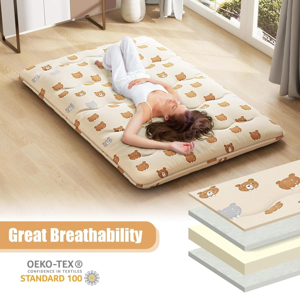 Materasso Futon Pieghevole, Tatami Futon Giapponese Portatile con Borsa, Copertura Lavabile, 2 Bende Incluse, Letto Futon Spesso e Traspirante per Camera da Letto per Adulti (Marrone,Doppio)