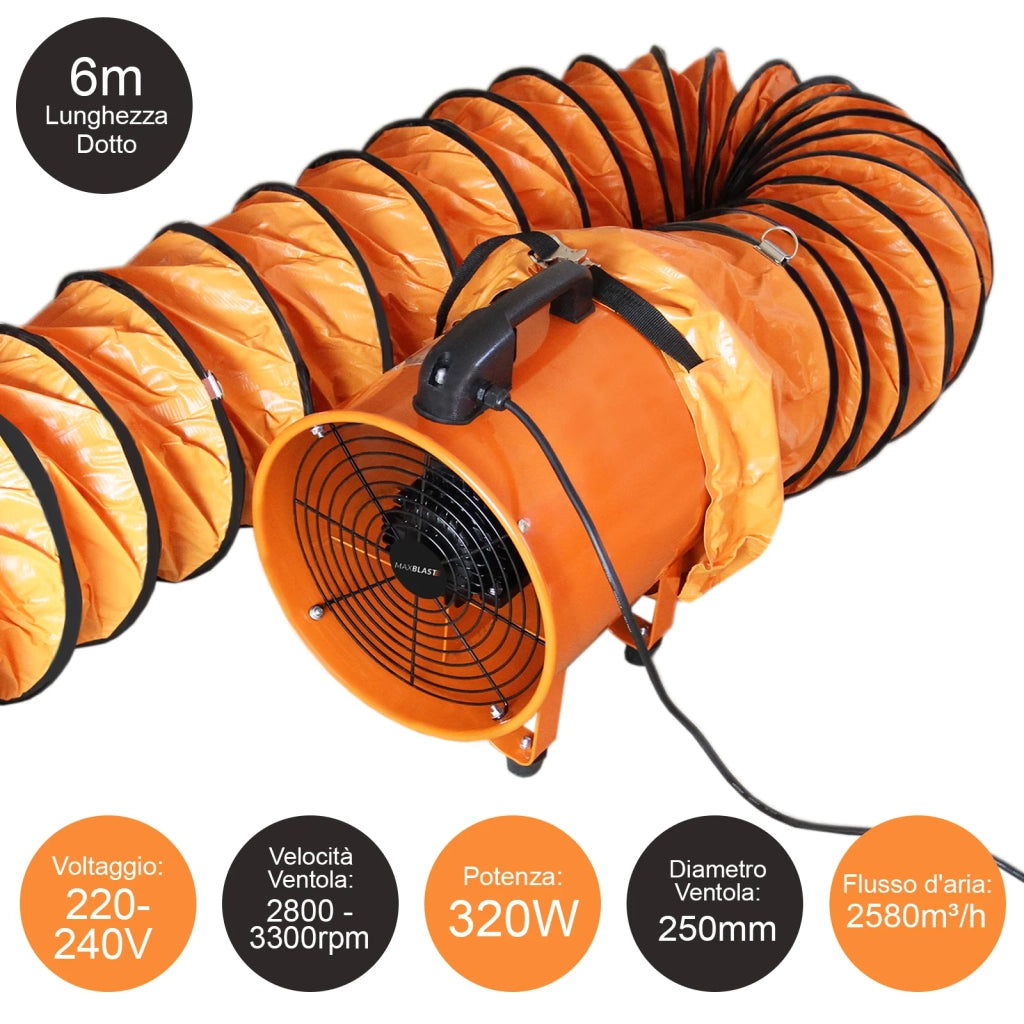 Ventilatore Estrattore Aria Industriale con Tubo Dotto Aspira Polveri e Fumo o Soffia Aria Pulita Ventola Reversibile - 250mm - Dotto 6m