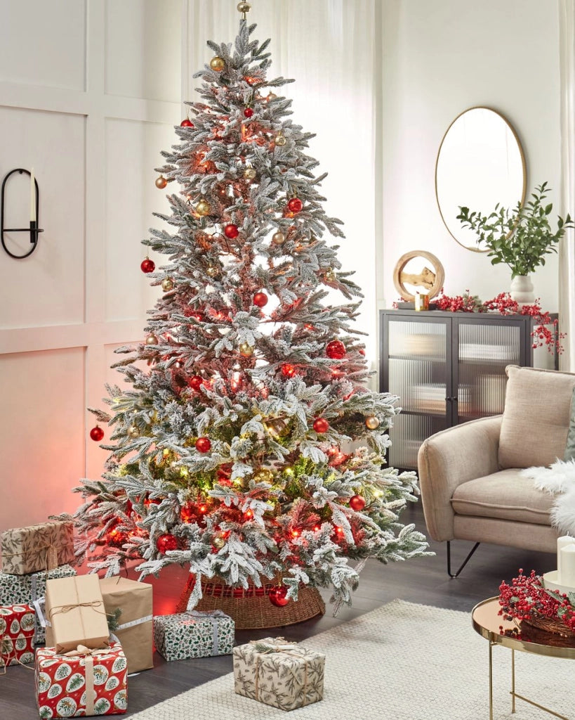 Albero di Natale Artificiale Bianco con rami Innevati Base Metallo PVC 210 cm stile moderno scandinavo