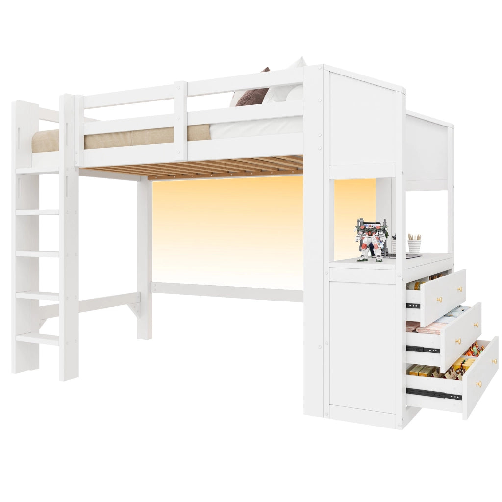 Letto a soppalco 90x200 cm bianco con LED, cassetti e ripiani