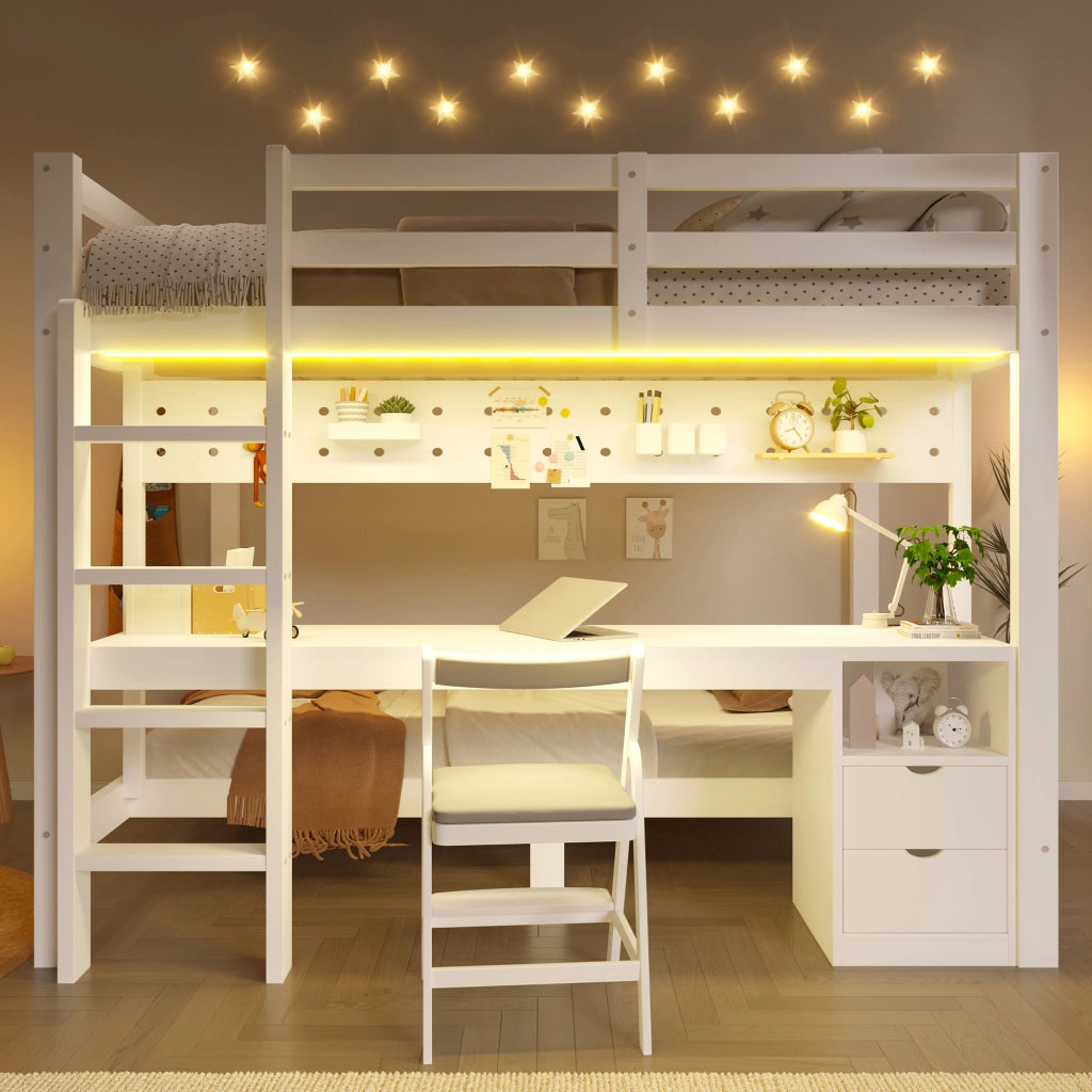 LETTO a castello con scrivania e cassetti 140x200/90x200 cm Legno di pino Bianco