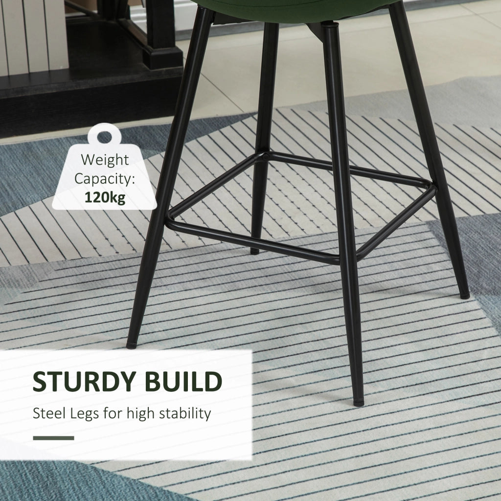 EasyComfort Set 2 Sgabelli da Bar con Schienale e Poggiapiedi Stile Nordico in Metallo e Velluto, Verde, 45x47x84cm
