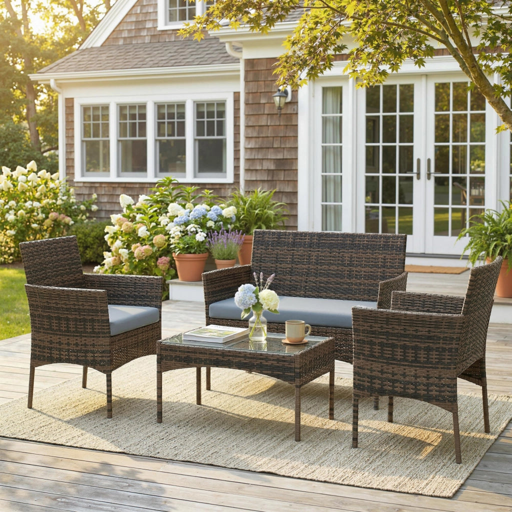 Set giardino in polyrattan con divano, poltrone e tavolo in vetro ¨C zephmum ¨C marrone e grigio