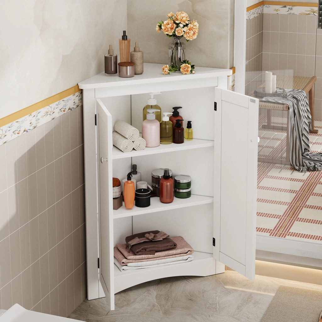 Mobile angolare da bagno con 2 ante e 2 ripiani; per bagno; in MDF; 61.5×80 cm; bianco