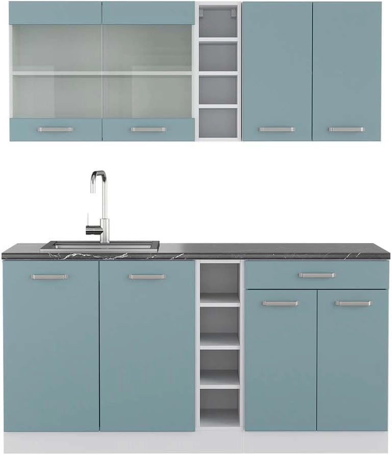 Cucina completa R-Line, Blu-grigio/bianco, 160 cm, PL Antracite, con disposizione flessibile dei moduli ed espandibile