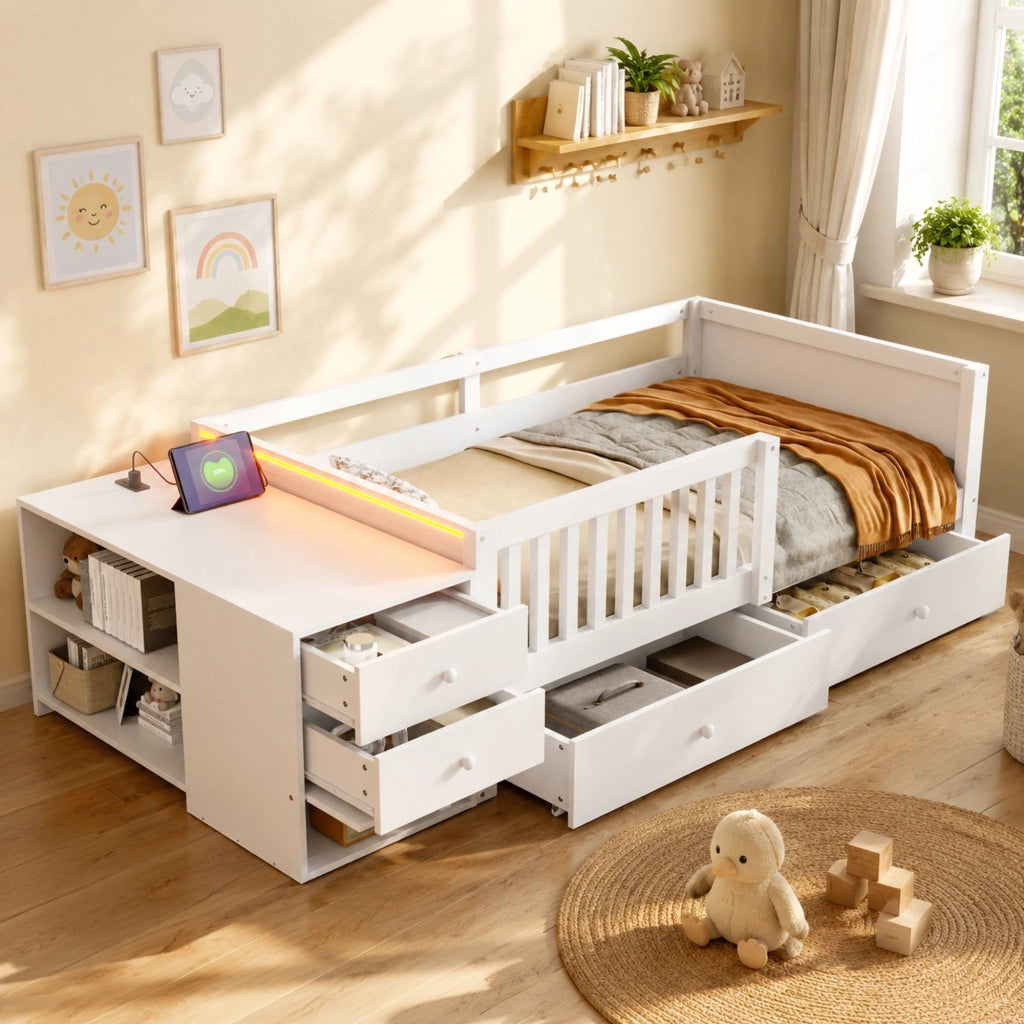 Letto a soppalco per bambini 90x200 cm con contenitore separato; LED e presa; bianco