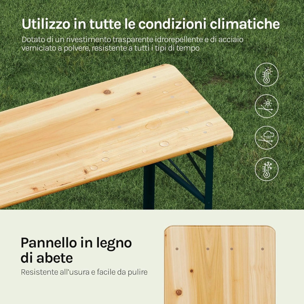 Set Birreria 3 Pezzi con Tavolo e 2 Panche Pieghevoli, Set Giardino Esterno con Anelli per Ombrellone, Resistente alle Intemperie e Facile da Pulire, per Campeggio, Terrazza, in Legno Naturale