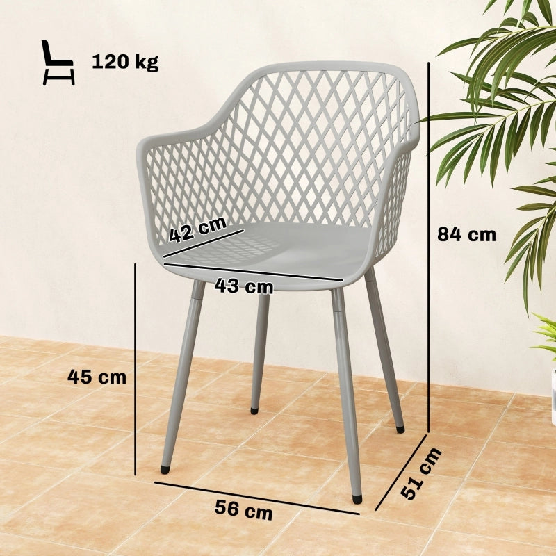 Set di 4 sedie da giardino in plastica con braccioli, schienale avvolgente e gambe in metallo, 56 x 51 x 84 cm, grigio