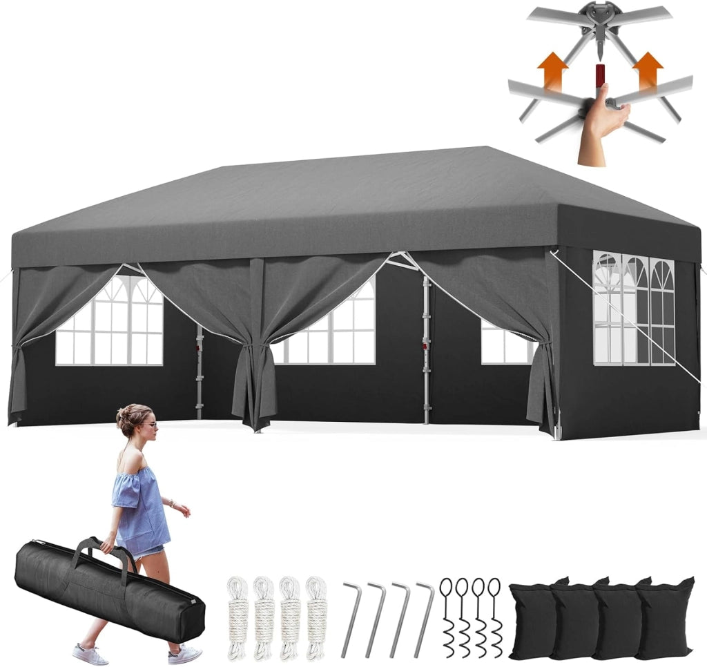 Gazebo 3x6 Pieghevole Impermeabile, Tenda Pop Up Pieghevole con 6 Pareti Rimovibili, Gazebo Pieghevole con 3 Altezze Regolabili Protezione UV 50+ per Giardino, Terrazza, Campeggio (Beige)