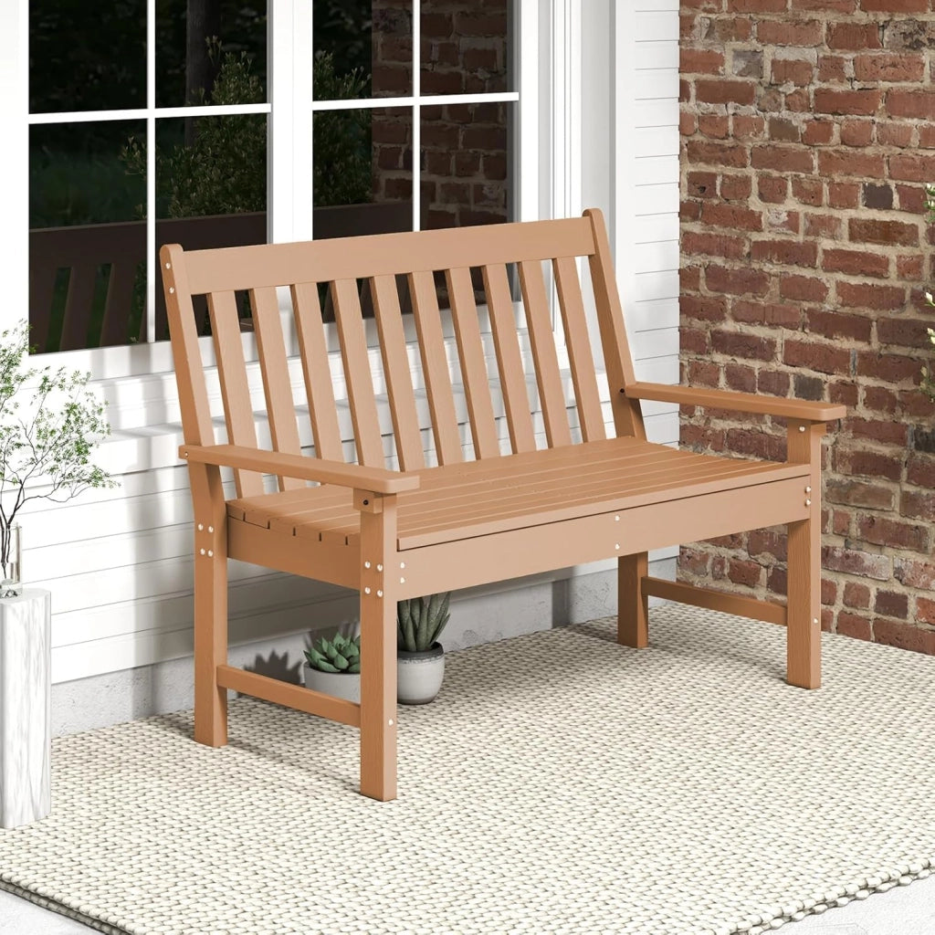 GIANTEX Panca da giardino per 2 persone, panca da parco in plastica con schienale alto, panca da esterno, resistente alle intemperie, per giardino, patio, terrazza, 132 x 65 x 91 cm