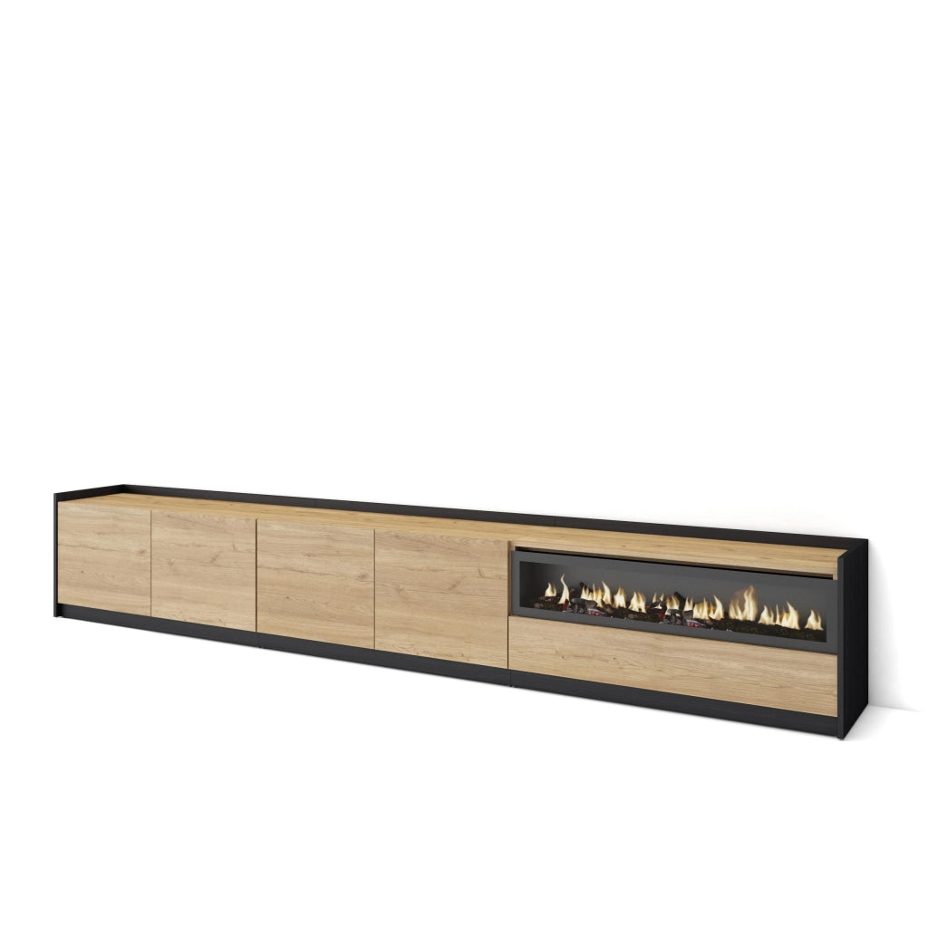 Mobile TV Soggiorno, 310x50x37 cm, Per TV fino a 80", Camino elettrico, Rovere e nero