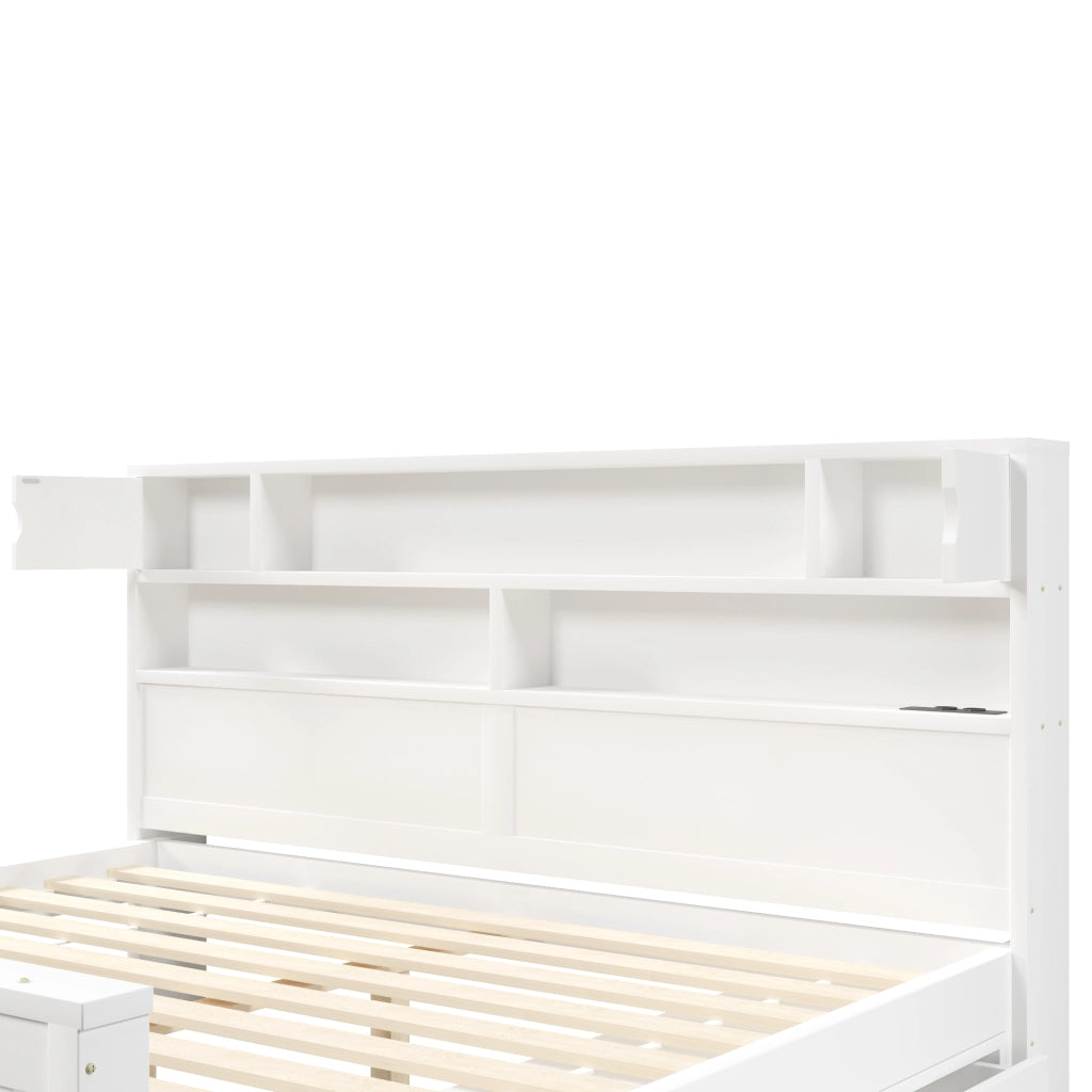 LETTO con testiera libreria 180x200 cm Bianco con 4 cassetti e LED