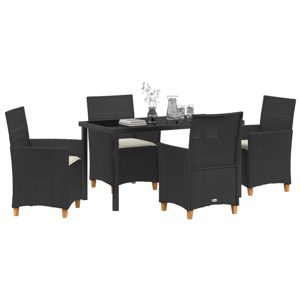 Set da Pranzo da Giardino a 5 Pezzi con Cuscini in Rattan PE Nero
