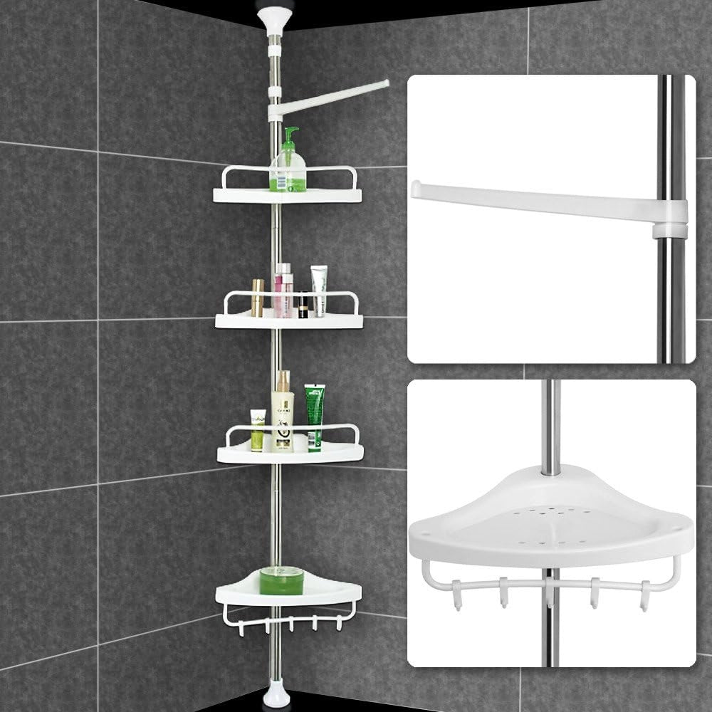Mensola Telescopica per Doccia 4 Ripiani 155-304 cm Scaffale Telescopico Angoliera Bagno Asta Portaoggetti Vasca