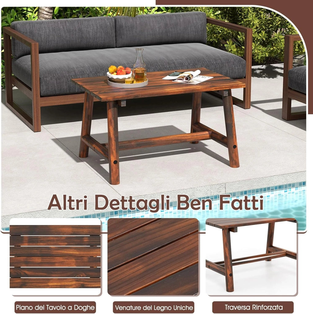 Tavolino da Caffè per Esterno, Tavolino Laterale in Legno con Piano a Doghe, Tavolo Rettangolare per Prato Balcone, Bordo Piscina, Portata 125 kg (Marrone)
