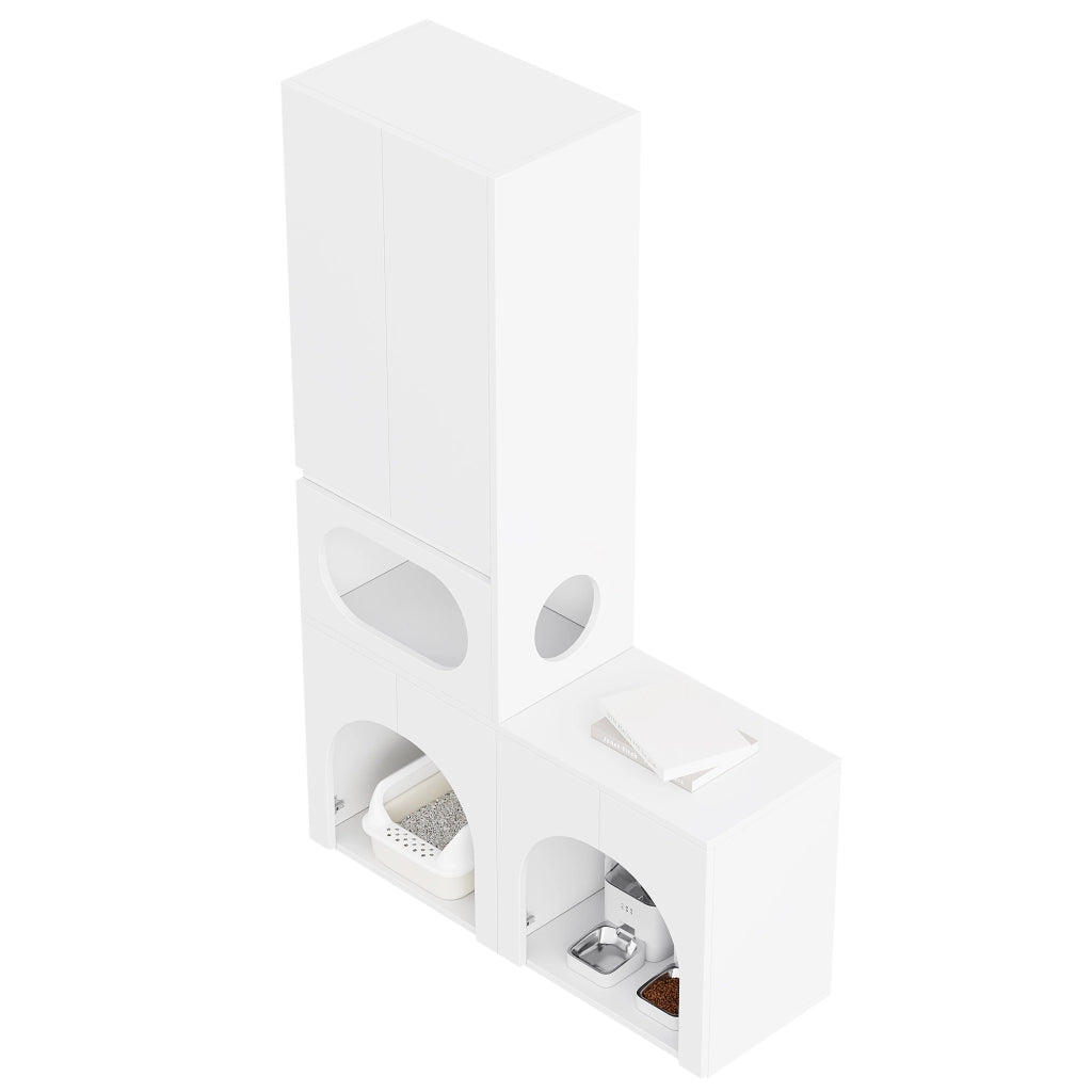 Mobile coperto per lettiera per gatti con 2 vani toilette, zona riposo e armadio, bianco, 140 × 45 × 195 cm
