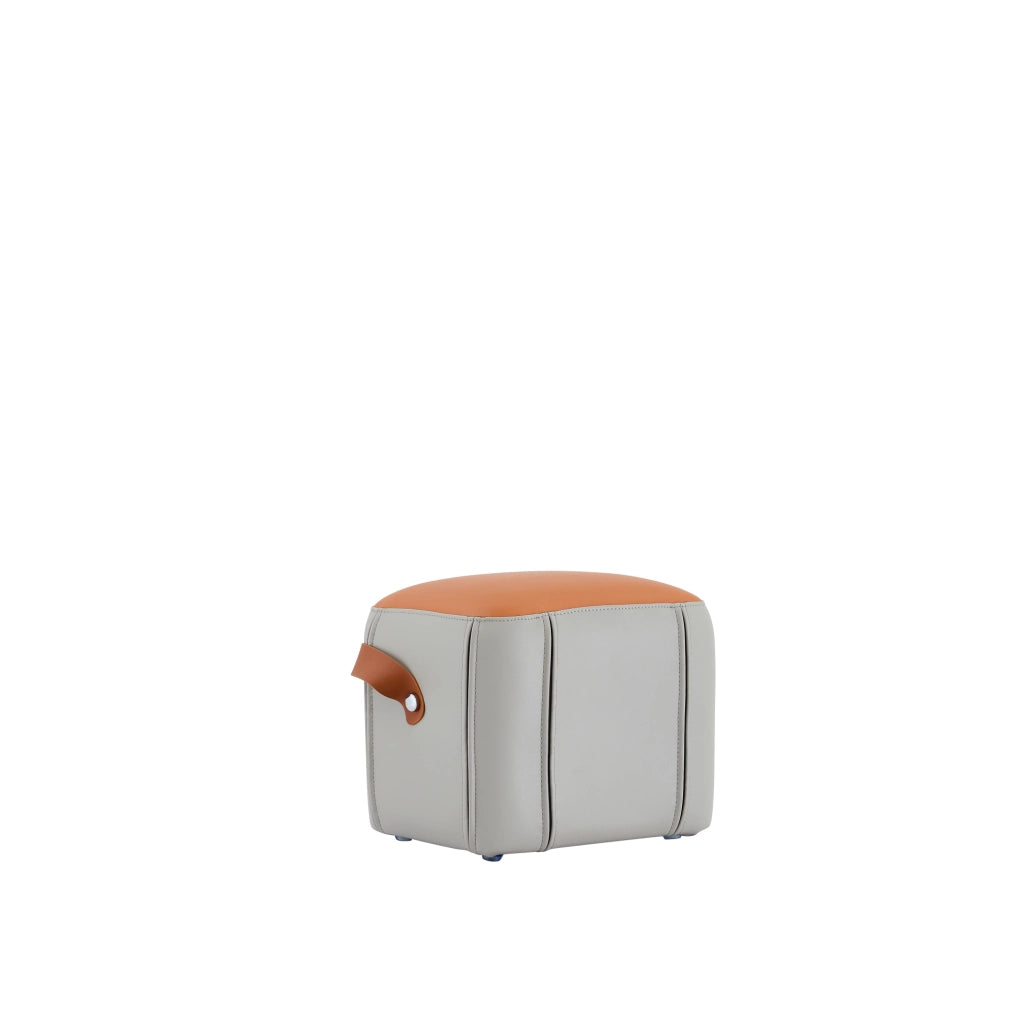 Pouf grigio e arancione in PU con maniglia per il trasporto