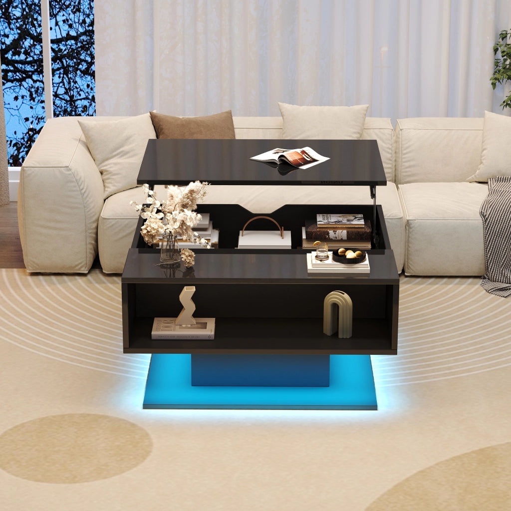 Tavolino da caffè alzabile con 1 vano nascosto e 1 vano aperto; LED; finitura lucida; Soggiorno; 80 × 75 × 40 cm