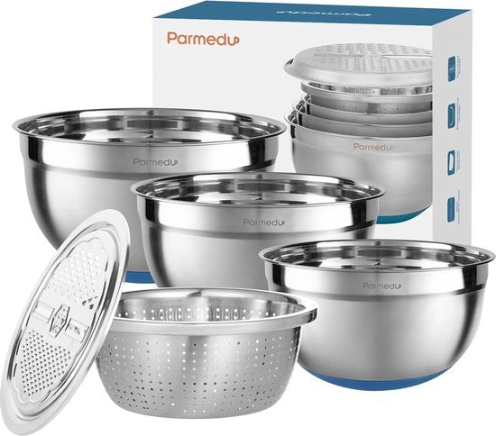 Set di miscelazione multifunzionale in acciaio inox premium: 3 contenitori profondi grandi – capienza 4,5 l, 4 l, 2,5 l con marcature di scala e fondo antiscivolo in silicone e setaccio e grattugia
